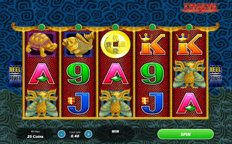 5 Dragons Dragon's Choice bonus screen showing five face-down Gold Coin symbols with different free spins options
